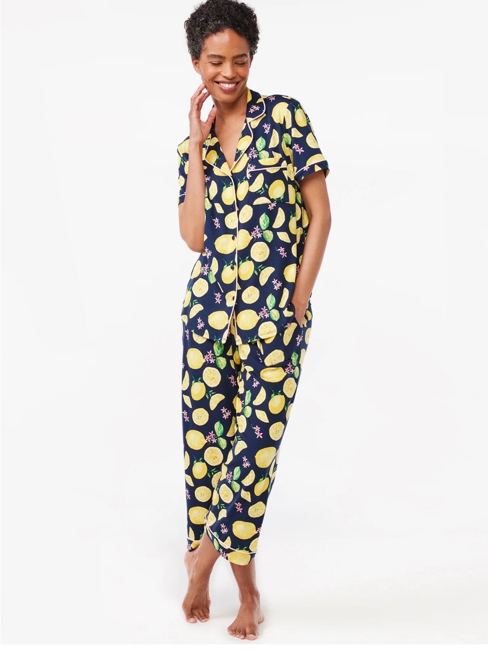 Joy Spun Pajama Set Women L Lemons Summer Spring Travel Comfy Whimsy Loungewear